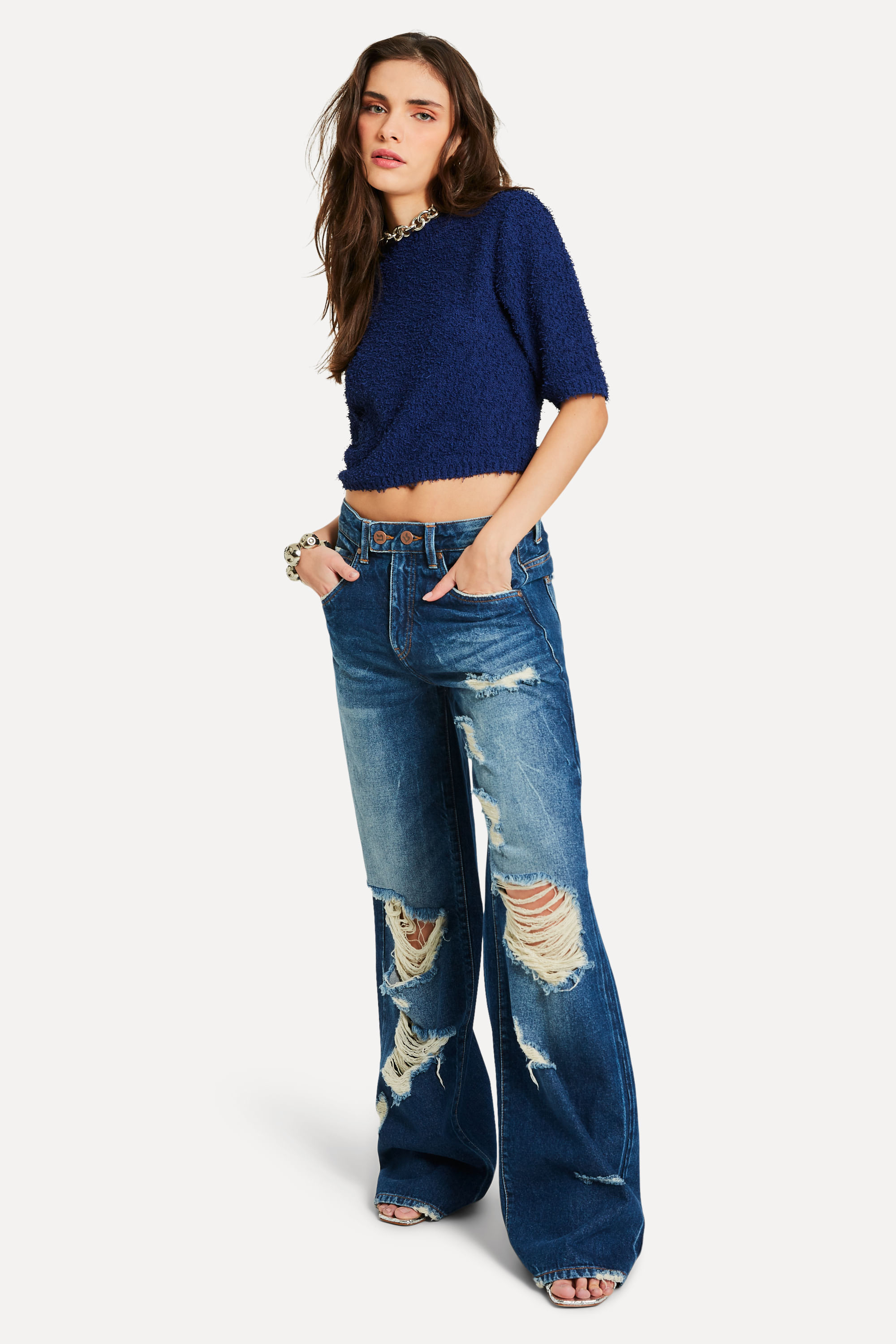 Calca Jeans Super Wide Leg Vicky Rasgos